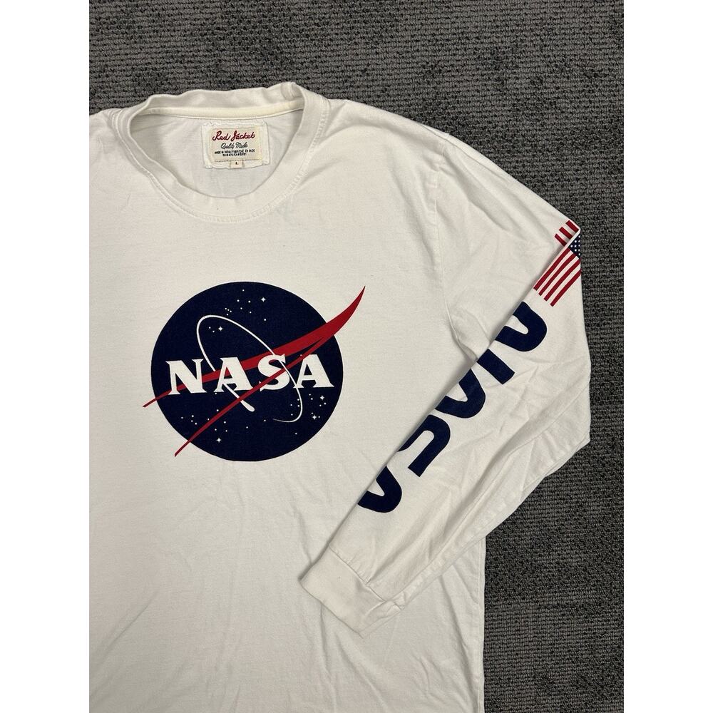 NASA Long Sleeve Shirt Mens Large White Logo USA Flag Sleeve Red Jacket